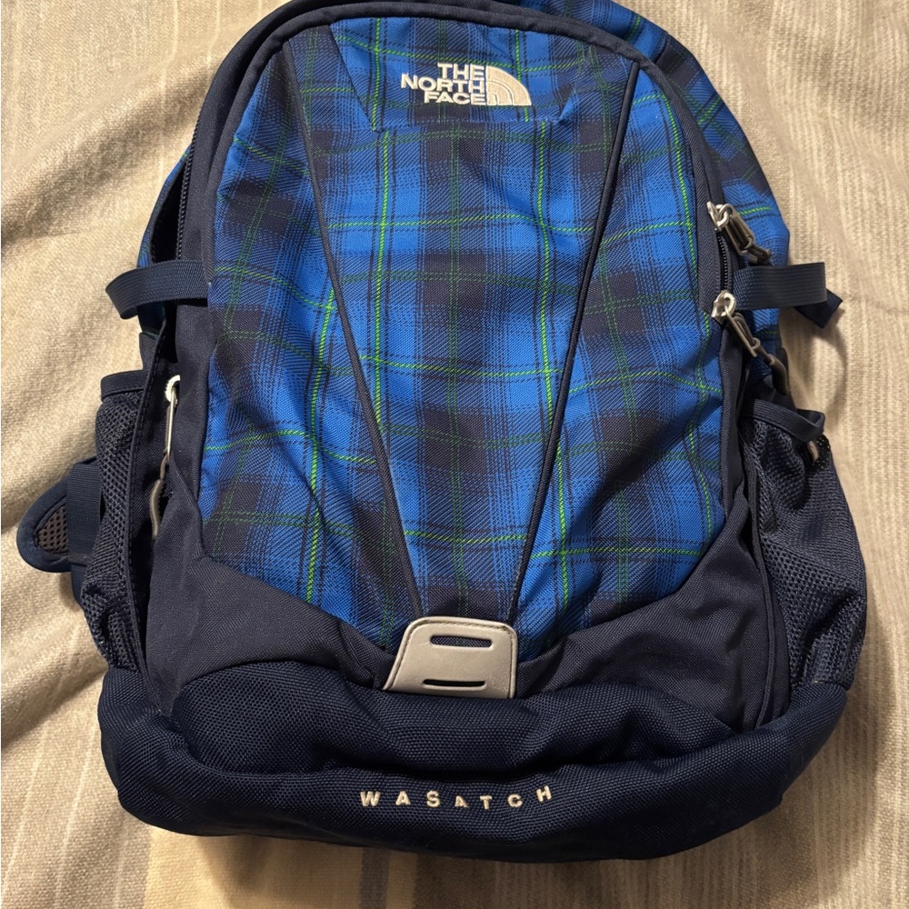 The North Face Wasatch Backpack. Light Blue and Navy Plaid Multi Pocket